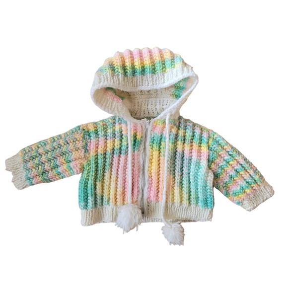 Vintage Other - Vintage 1980s-1990s handmade pastel hooded zip-up sweater with pom poms